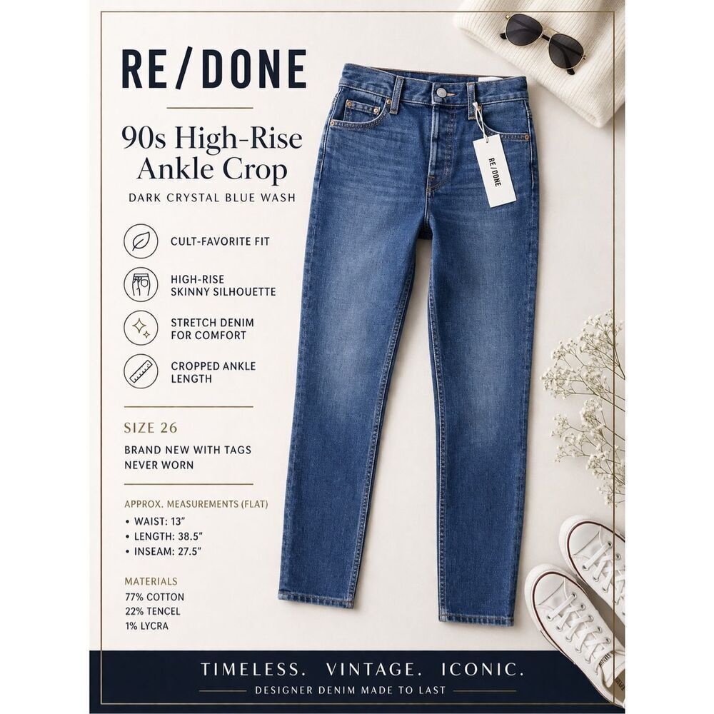 Re/Done 90s High-Rise Ankle Crop in Dark Crystal Blue Wash. Size 26. NWT!